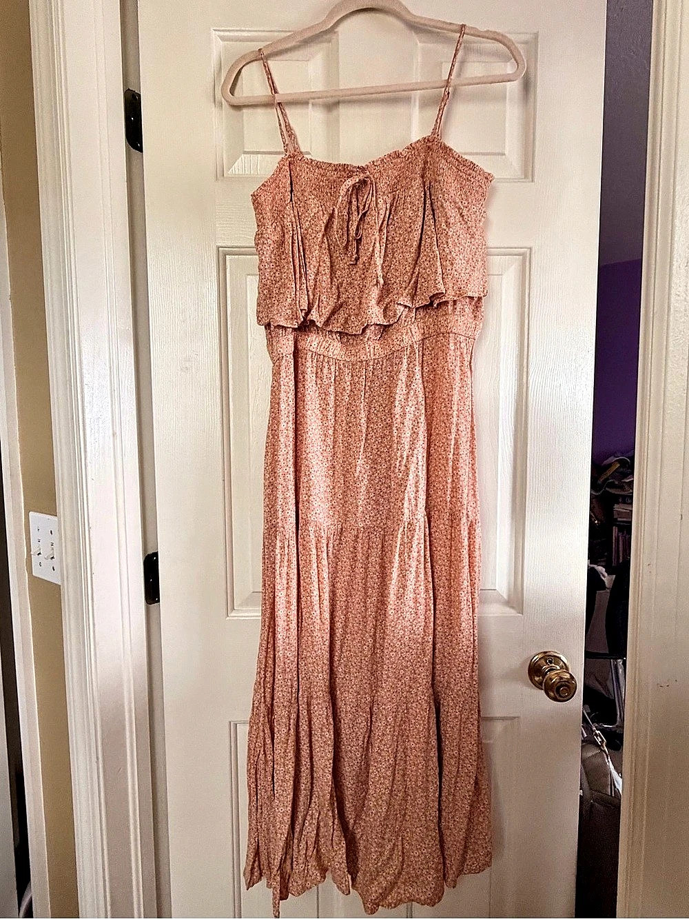 American Eagle Polka Dot Ruffle Maxi Dress in Pink Size XL Like New